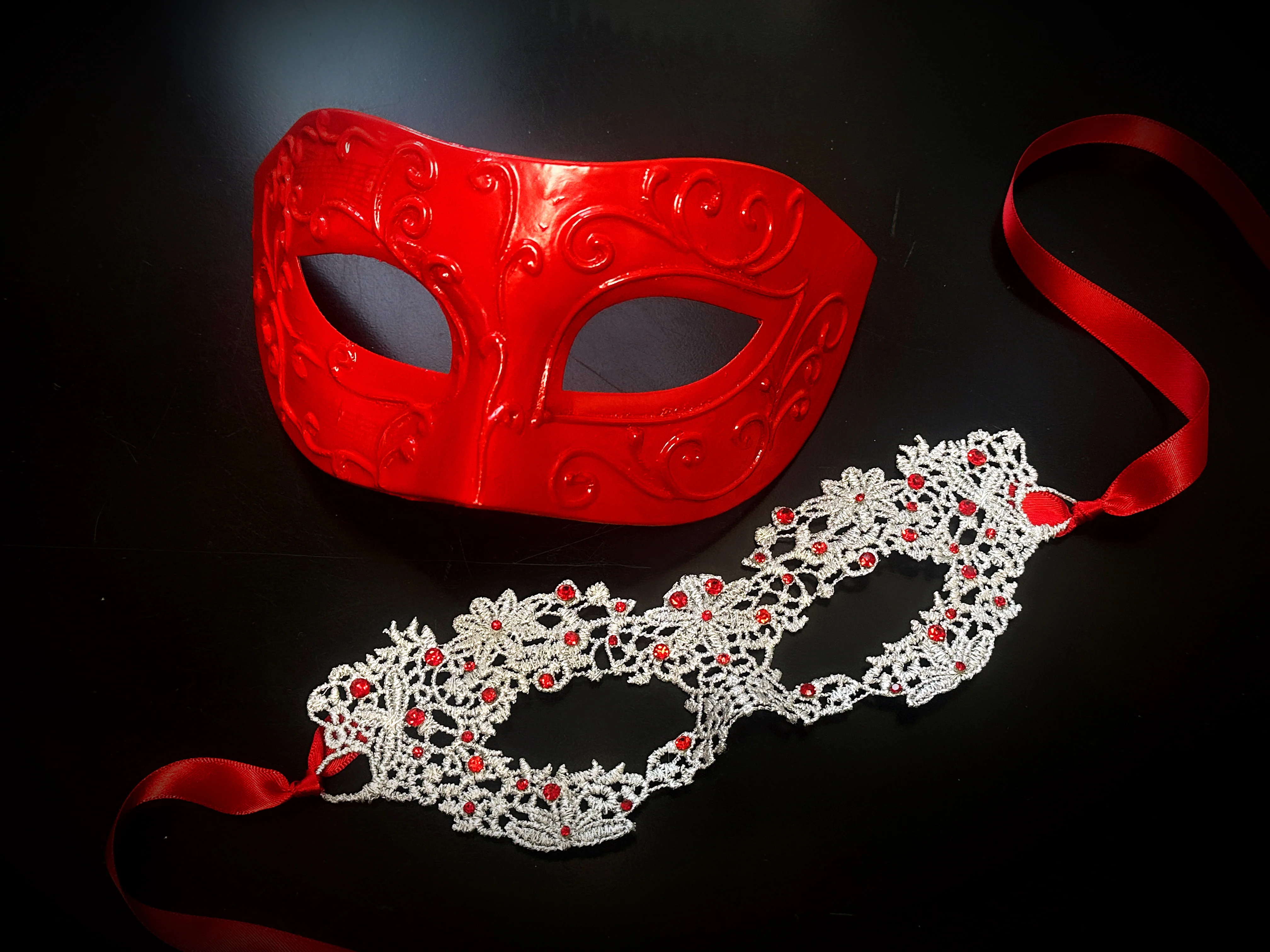 Couples Mask Set – Red & Silver Lace - Image 2