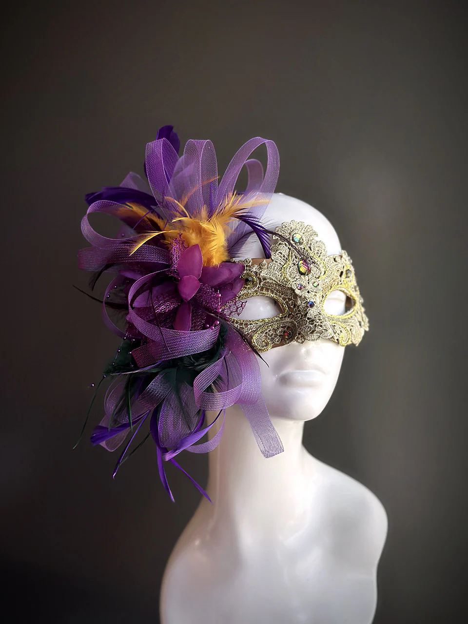 Macrame Feather Mask - Mardi Gras Gold