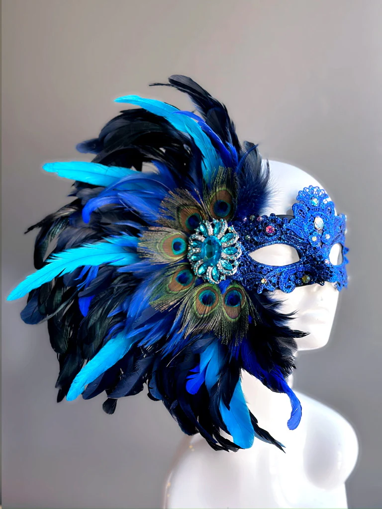 Lux Feather Mask - Blue Peacock