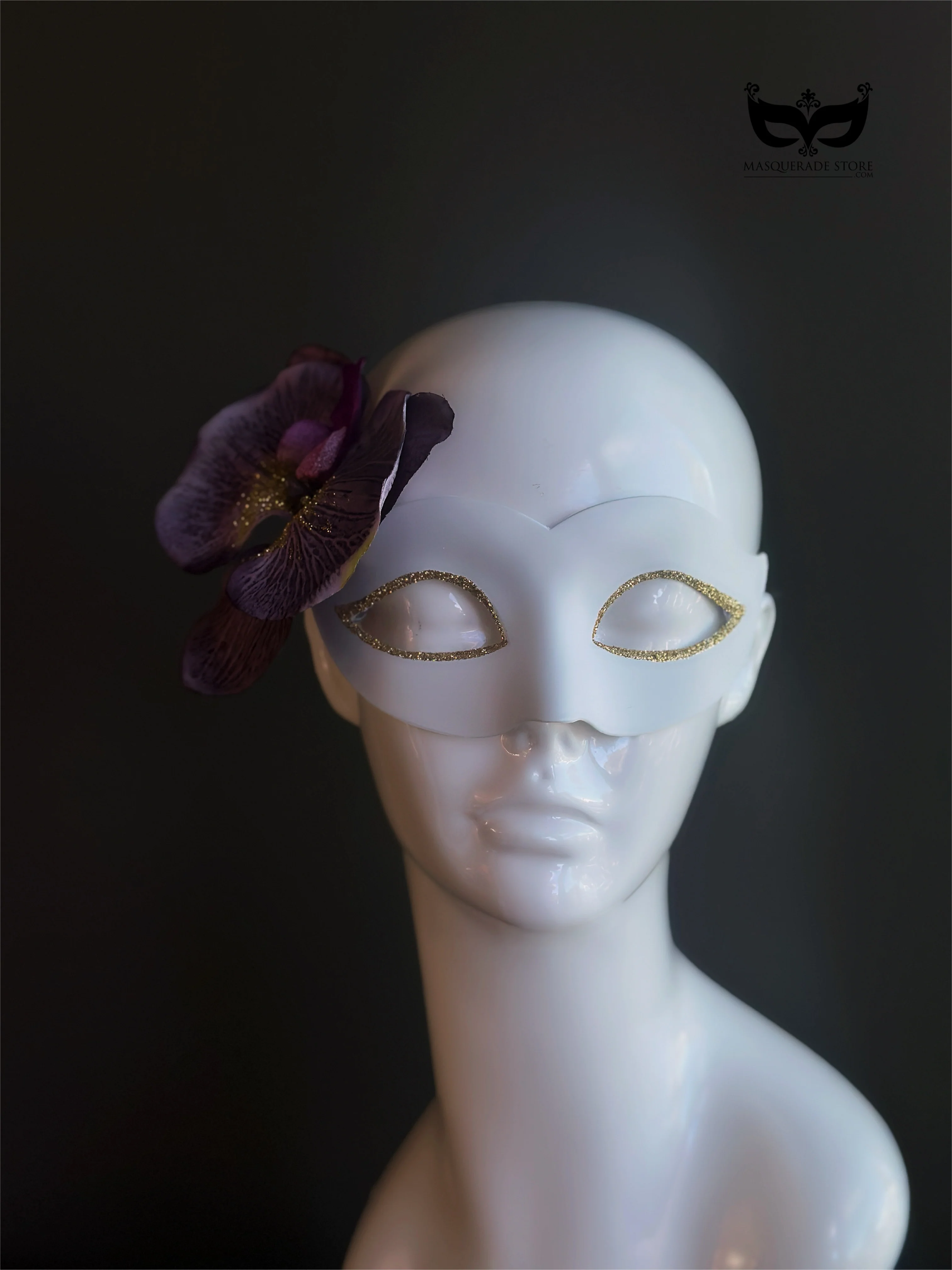 White Venetian Mask with Orchid Flower - Image 3
