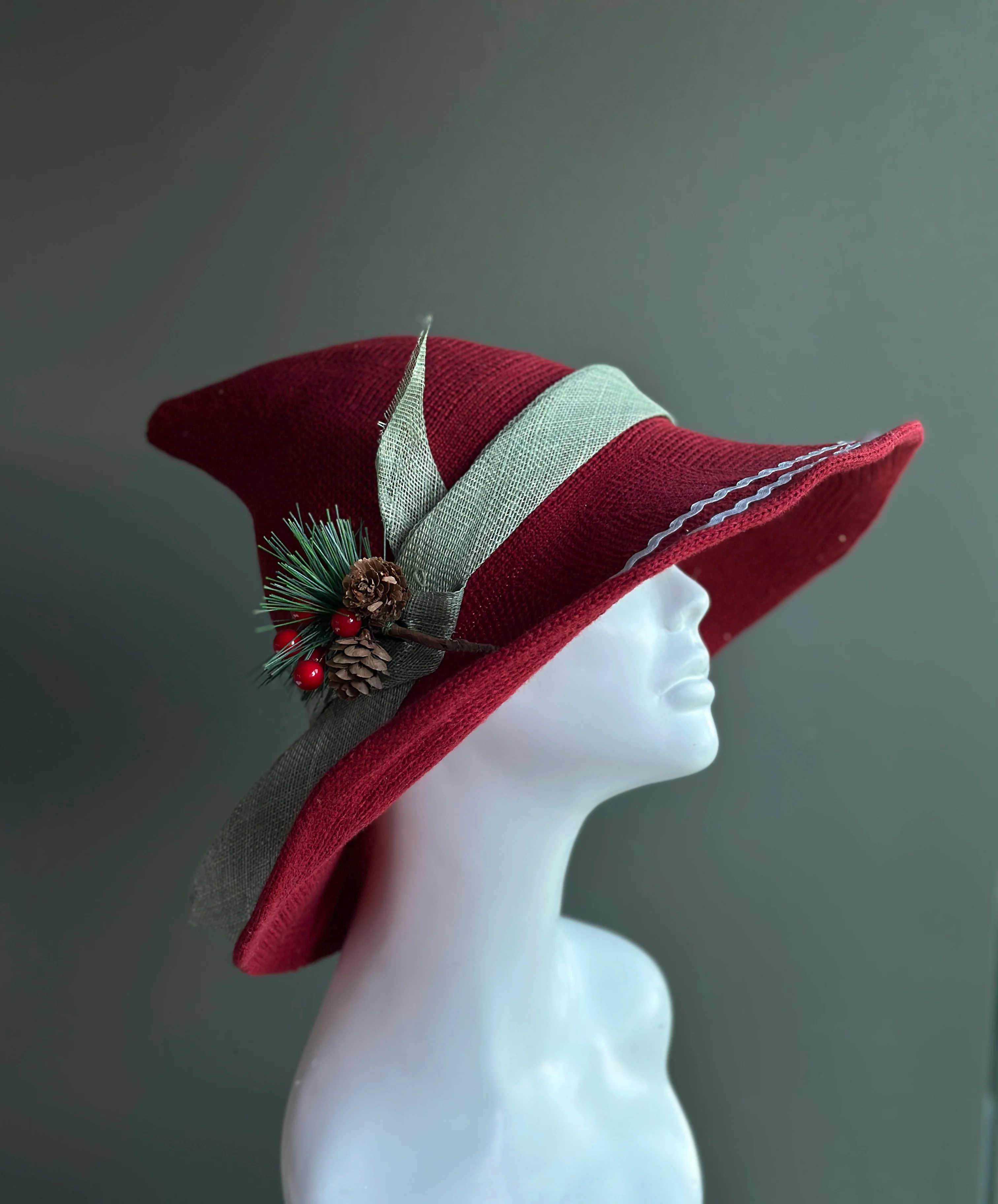 Red Christmas Wide Brim Hat with Pine Berry Accent - Image 3