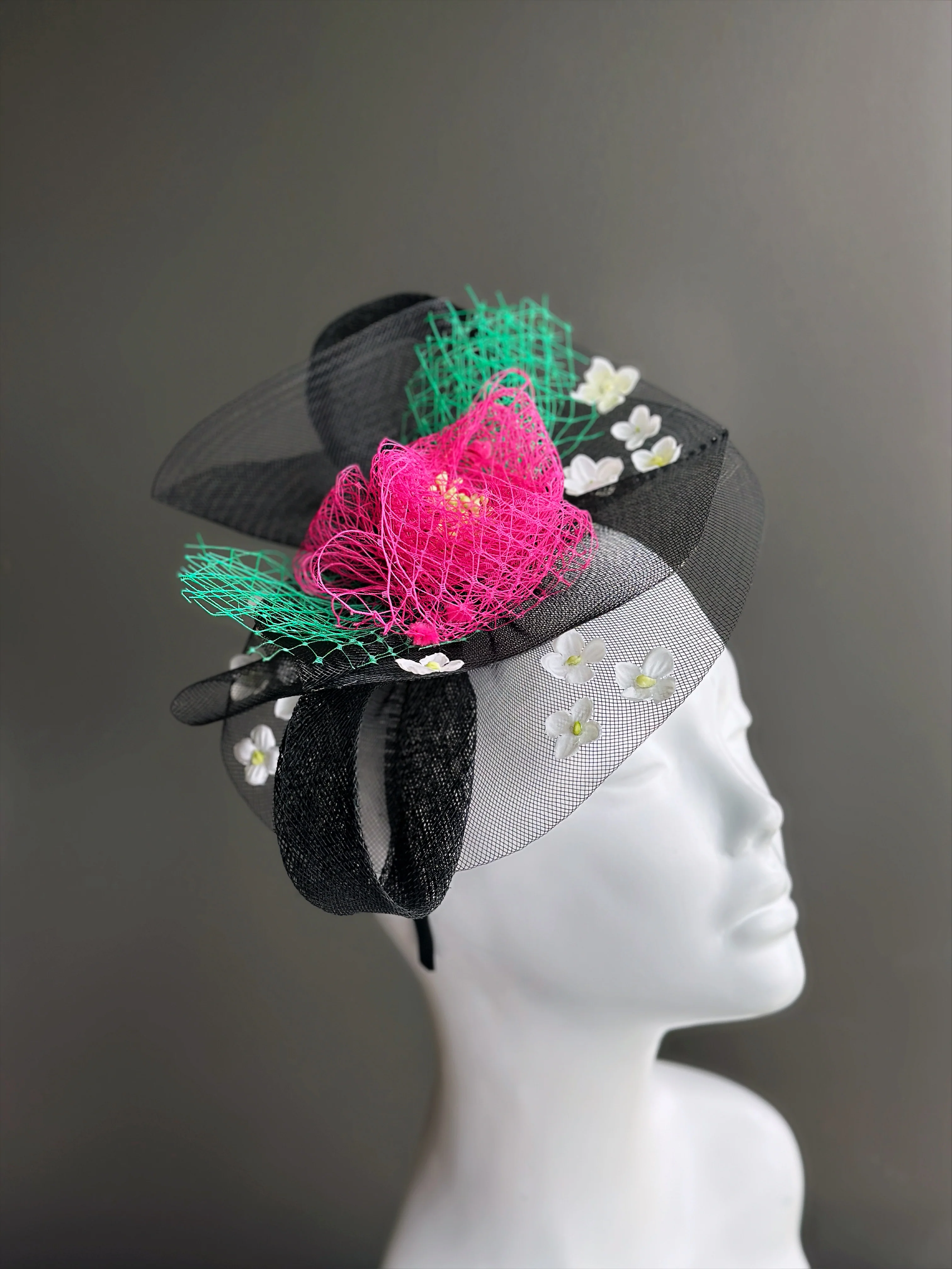 Floral Tulle Fascinator - Black Pink Green - Image 4