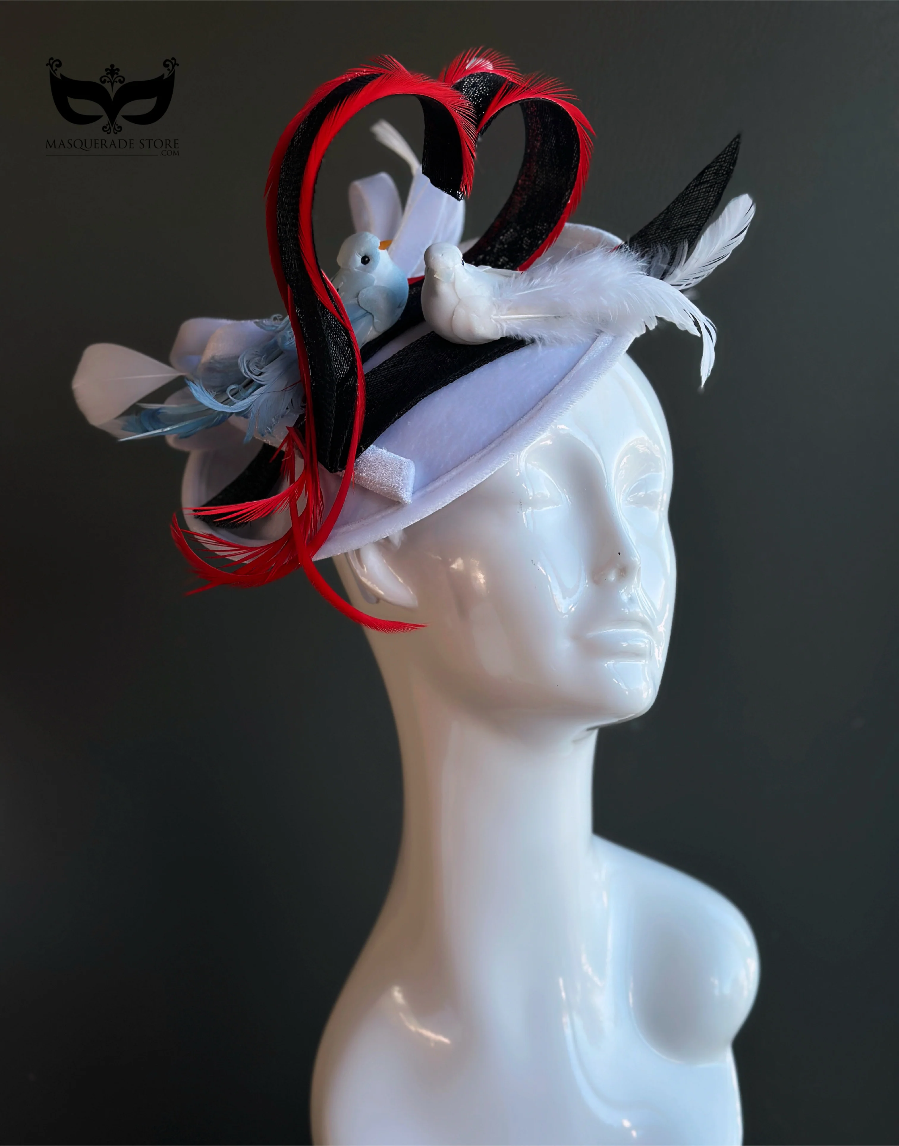 White Fascinator Hat - Love Birds Heart Feather Headpiece - Image 4