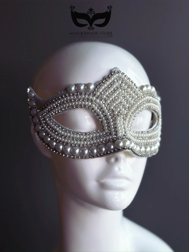 White Pearl Rhinestone Womens Mask - Image 5