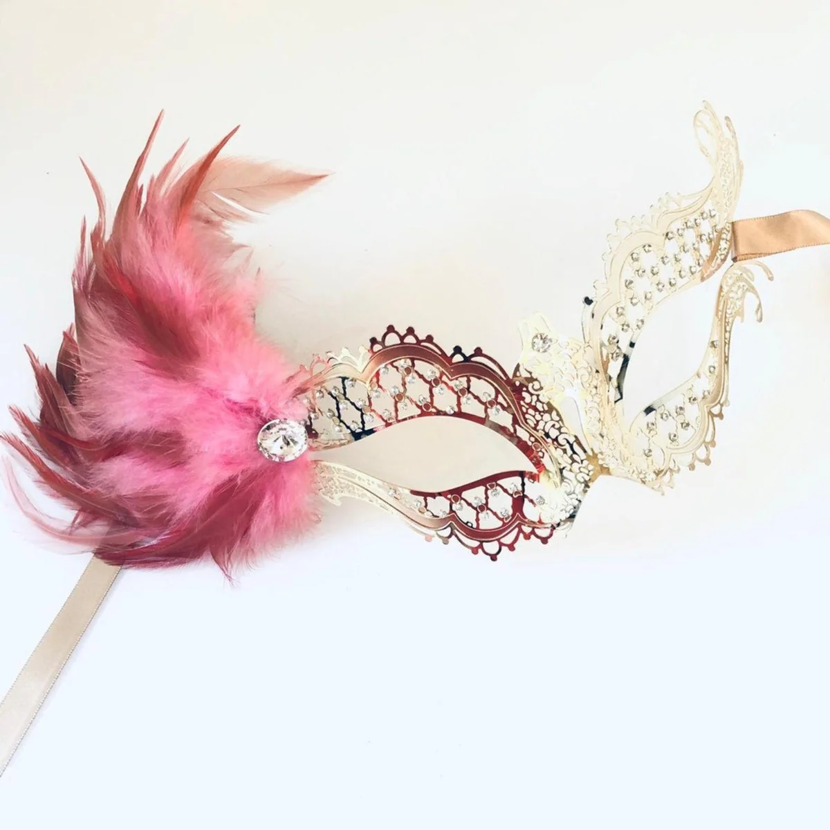Katherine Mask - Gold with Pink Feathers
